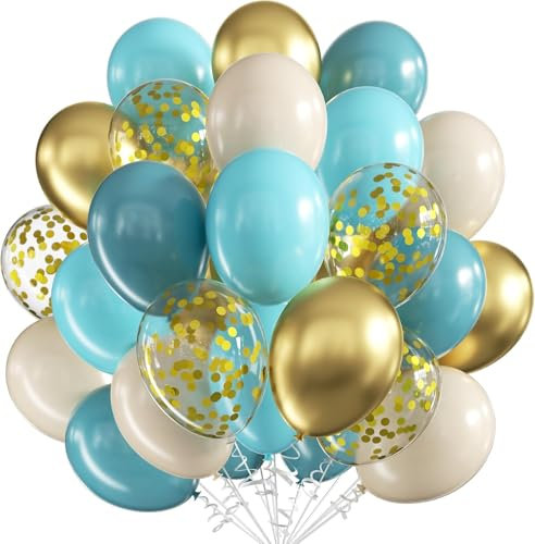 Luftballons Blau,60pcs 12 Zoll Teal Blau Beige Luftballons Geburtstag, Metallic Gold Konfetti Ballons,Sand Weiß Latex ballons für Geburtstag Hochzeit Verlobung Neujahr Partydeko