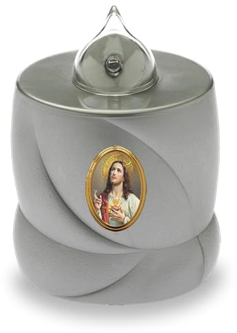 AROBA 2x LED Grabkerze Trauerlicht - Flackereffekt wie echte Kerze - lange Brenndauer bis 200 Tage - wiederverwendbar Friedhofskerze Gedenkkerze Dauerkerze - silber Jesus