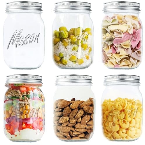 Glass Jars With Lids 16 oz - 6 Pack Mason Jars With Lids for Canning, Food Storage, Airtight Glass Jars for Pickling, Mason Jars, Jelly, Home Decor