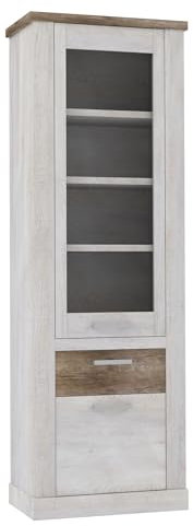 möbelando Vitrine >Duro< in Pinie Weiß/Eiche Antik Dekor (71,4x212x41,3 cm) bietet 1 Glastür, 1 Schublade und 3 Einlegeböden für stilvolle Aufbewahrung im Provenzalstil.
