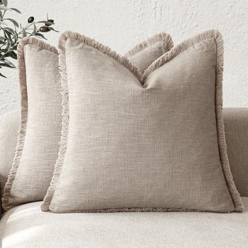 Foindtower Dekorative Leinen-Kissenbezüge mit Fransen, Landhaus-Stil mit Quasten, weich, Deko-Bezug für Couch, Stuhl, Bett, Wohnzimmer, Inneneinrichtung, 2 Stück, 55,9 x 55,9 cm, natürliches Leinen