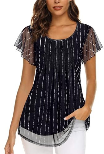 Akiooue Ladies Blouses Short Sleeve Tunic Tops Casual Crew Neck Ruffle Flowy Double Layers Mesh Shirts S-3XL