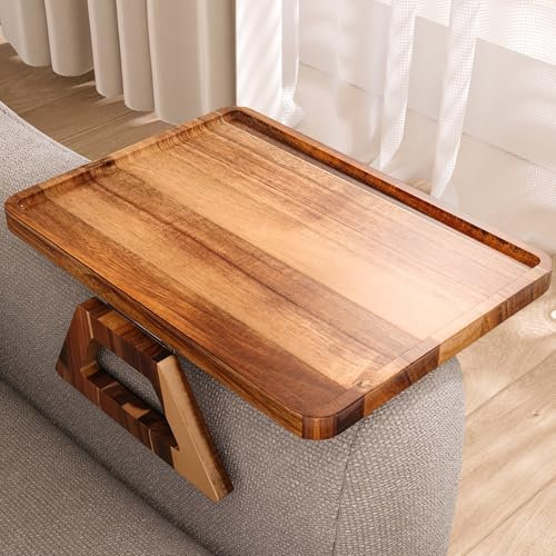 Fibogollo Acacia Wood Sofa Tray,Folding Couch Arm Tray,Sofa Armrest Trays Table Clip-On Couch Desk for Drinks,Snacks,Phone,Remote Control