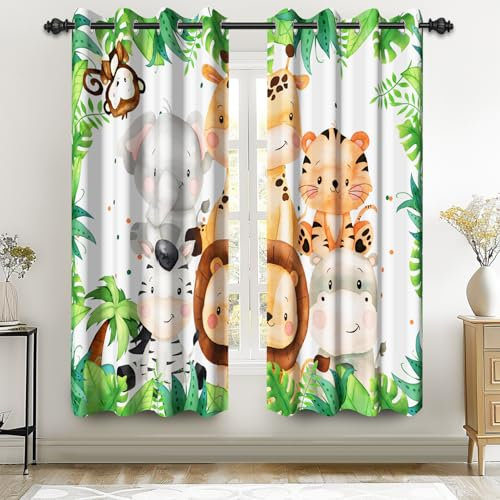 Renaiss Safari-Tier-Vorhänge für Kinder, tropischer Regenwald, Löwen, Tiger, Elefanten, Giraffen, afrikanischer Dschungel, Baum, grünes Blattmuster, Fenstervorhänge für Kinderzimmer, Baby-Schlafzimmer