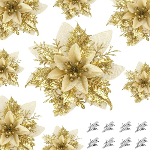 Filltown 16 Stück Weihnachten Glitzer Weihnachtsstern Blumen mit Clips, Künstliche Baumschmuck Weihnachten Blumen, Glitzer Kunstblumen Deko für Hochzeiten, Weihnachtskränze und Homeparty (Gold)