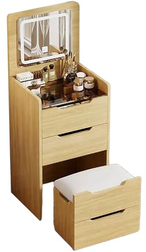 YFSMBD 3 in 1 Schminktisch mit Hocker, Frisiertisch mit aufklappbarem Spiegel, sichtbarer Glasplatte,3 Schubladen,LED-Beleuchtung Kleines Schminktisch, Kosmetiktisch fürs Schlafzimmer (Naturholz,48cm)