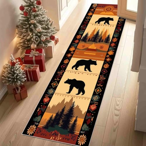 Dppyuxa Flurteppich Läufer Tribal Bär rutschfest und Waschbar, | Teppich Lang für Flur und Küche Geometrie Waldtiere Küchenteppich Traditionell Wild Teppich Maschinenwaschbar 60x180 cm