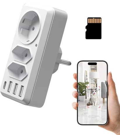 Prise multifonctionnelle WiFi caméra. Objectif 4K UHD Visualisation à Distance Via l'application, Stockage sur Carte SD. Prise électrique idéale pour l'intérieur ou Les Voyages