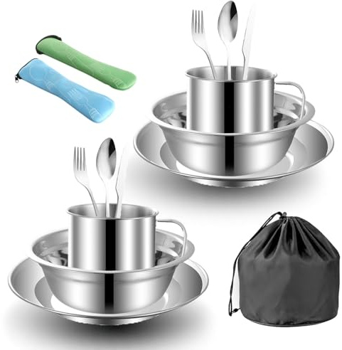 Posate da Viaggio per 2 Persone,15 pezzi Posate da Campeggio Acciaio Inox con Piatti Ciotole Tazze Borsa in Rete,Riutilizzabili e Portatile,per Picnici Barbecue Viaggio Campo Estivo