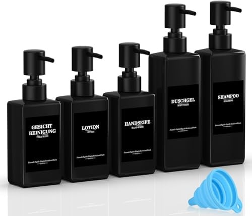 Set of 5 Reusable Shampoo Dispenser Bottles for Filling, 3 x 300 ml + 2 x 500 ml Black Refill Bottles with Pump Dispenser, Labels & Funnel for Bathroom, Kitchen, Shower Gel