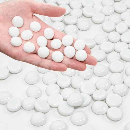 Foncomy White Flat Glass Marbles, 440g Vase Filler Pebbles Gems, Decorative Glass Beads for Vases, Crafts, Floral, Mancala Stones, Aquarium Rocks for Fish Tank, 17-19mm (Approx. 80-100 PCS)