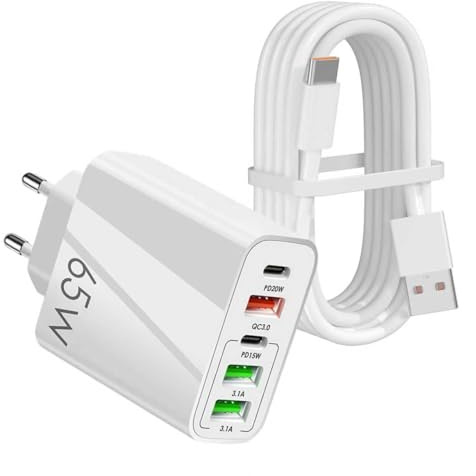 65W Cargador USB C, 5 Puertos Cargador Rapida con USB-C y USB-A, Charger Tipo C con PD QC 3.0 3.1A, Power Adapter con 1M 6A Cable de Carga, para iPhone 17/16/15/Pro/Pro Max, iPad Samsung Galaxy HUAWEI