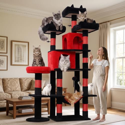 LIKISAK Cat Tree, 181 cm Large Cat Tower with 3 Top Perches for Indoor Cats | Multi-Level Cat Tree Tower for Big Cats with 9 Sisal Scratching Posts, 2 Cozy Condos, Cozy Hammock, Black Red PMT03RD