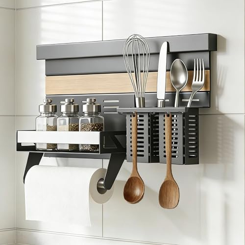 Mai & Mai Porta Spezie, Portautensili da Appendere con Guide | Lamiera Zincata, Portaspezie con Porta Rotolo, Portautensili con 5 Ganci, Grigio, Reglo-10+Reglo-12
