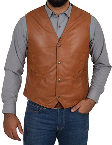 A1 FASHION GOODS Mens Soft Brown Leather Waistcoat Classic Traditional Gilet Casual Vest Bruno