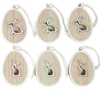HEITMANN DECO Ostereier aus Holz mit Osterhase zum Aufhängen - Osterdeko, Frühlingsdeko, Holzdeko - 6er Pack - Natur-Grau, Pink, Grün, ca. 6 x 8 x 1 cm