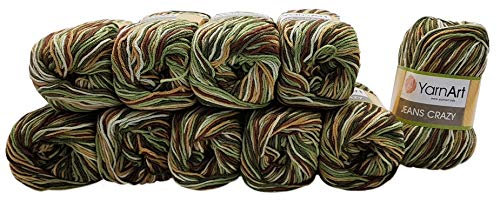 YarnArt Jeans Crazy 10er-Packung mit Strickwollknäueln, à 50 g, mit 55% Baumwolle, 500 g Wolle mit mehrfarbigem Farbverlauf, Braun, Grün, cremefarben (7203)