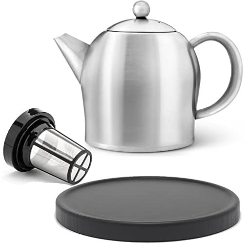 große matte Edelstahl Teekanne 1.0 Liter & schwarzer Untersetzer aus Holz & Edelstahl Tee-Filter-Sieb-Aufsatz für losen Tee oder Teebeutel