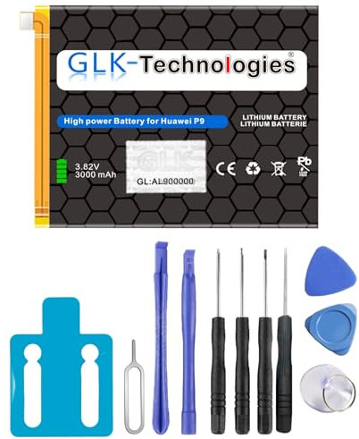 Batteria di ricambio ad alta potenza, compatibile con Huawei P9 HB366481ECW, batteria originale GLK Technologies, batteria ricaricabile da 3000 mAh, con set di attrezzi