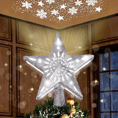 Joiedomi Christmas Silver Star Tree Topper Lighted with Projector, Built-in LED Rotating Lights, 3D Glitter Xmas Decorations for Party Holiday Indoor Decor