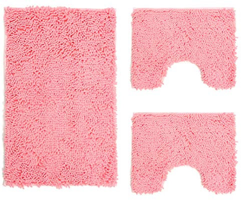 Poligono Badteppich-Set, 3-teilig, aus Mikrofaser, Langflorteppich 50 x 80 cm, 2 WC-Vorleger, rechteckig, 40 x 50 cm, weich, rutschfest, Rosa