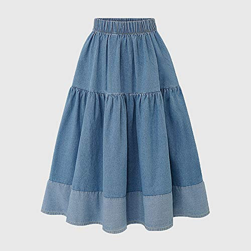 ROirEMJ Damenröcke,Frühling Sommer Mid-Länge Casual Cotton Jeans Rock Frauen Hohe Taille Pleated Damen Denim Röcke Für Damen Flared Weiblichen Rock, Blau