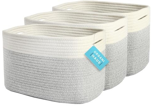 OrganiHaus Pack of 3 Soft Toy Storage Baskets for Shelves, Nursery Storage Basket, Cotton Rope Basket for Toilet Roll Storage, Woven Basket for Towel Storage, Grey & White Bathroom Storage Basket