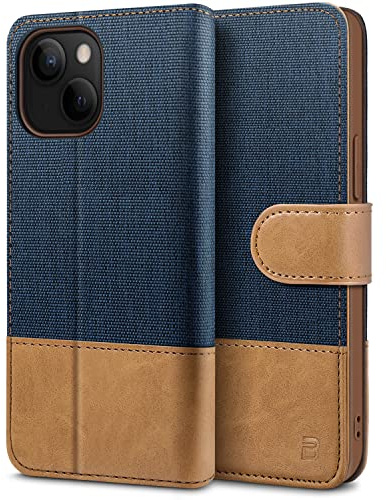 BEZ Case for iPhone 13 Mini, iPhone 13 Mini Phone Case Compatible with iPhone 13 Mini, Flip Wallet Cover [Canvas Faux Leather] with Credit Card Holders, Kick Stand, Magnetic Strap Closure, Blue Navy