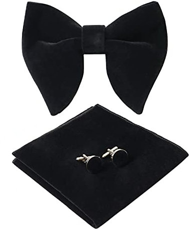 HOULIFE Fliege Herren Set - Verstellbare Fliege aus Samt Vorgebunden Fliege, einfarbige Einstecktuch, Manschettenknöpfe Set für Bräutigam Hochzeit formal mit Geschenkbox (Schwarz)