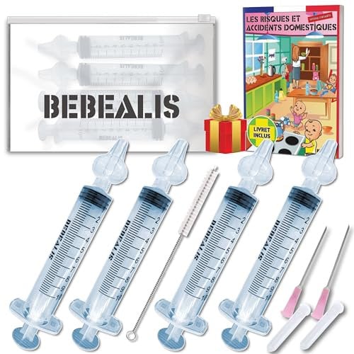 Seringue Nasale Bebe [x4] - [ Mouche Bebe + Embout Silicone Reutilisable + 2 Pointes Pipette Serum Physiologique + Trousse Soin Bébé + Livret Prévention | Irrigateur Aspirateur Nez Enfant Puériculture