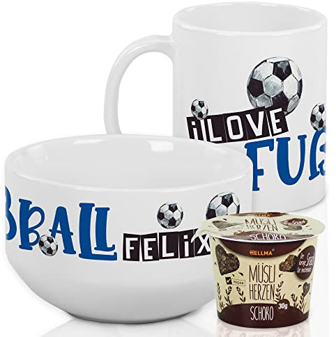 GRAZDesign Kindergeschirr Set | Fussball | Frühstücksset Kinder personalisiert mit Namen Müslischale mit Tasse 3-teiliges Geschirrset - Geschenk Fußballer Frühstücksset aus Keramik)