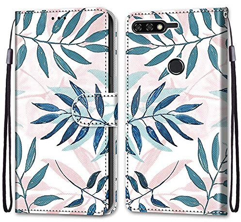 Mo-Somnus Kompatibel mit Huawei Y7 2018 / Nova 2 Lite/Honor 7C Hülle, Leder Handyhülle mit Kartenfach Geld Slot Ständer PU Ledertasche Wallet Flip Brieftasche Schutzhülle Case Etui (Laub)