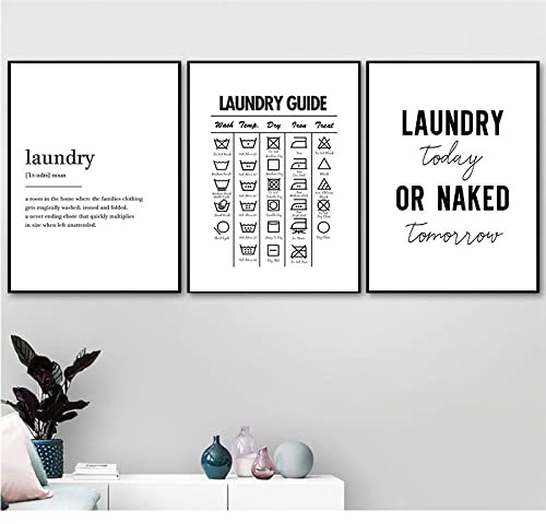 Laundry Today Room Wall Decor Laundry Symbols Guide Art 3-Teiliges Leinwandbild, Druck, Poster, Waschküche, Wandbild, Heimdekoration 30Cmx40Cmx3 Kein Rahmen