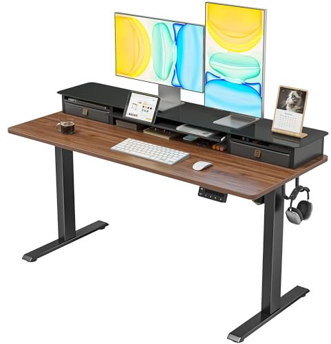 FEZIBO Bureau Debout Électrique avec Support pour Écran en Verre, Table de 120 x 60 cm Réglable en Hauteur, Bureau Assis-Debout avec Double Tiroir et Étagère de Rangement, Plateau Noyer Noir