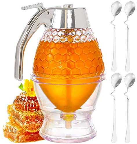 Bootoow Dispensador de Miel Acrílico Transparente Con Soporte de Almacenamiento - Incluye Tarro de Panal y 4 Cucharas