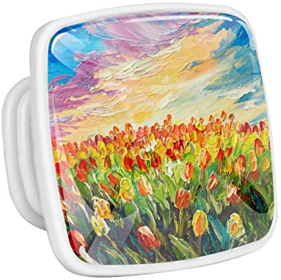 Lot de 4 boutons de tiroir de commode avec peinture à l'huile et tulipes pour cuisine, armoire, bureau, salle de bain