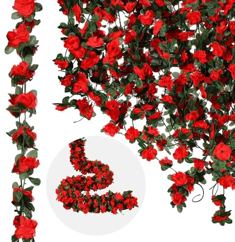 12 Pcs 100ft Flower Garland Artificial Rose Vine with GreenLeave, Red