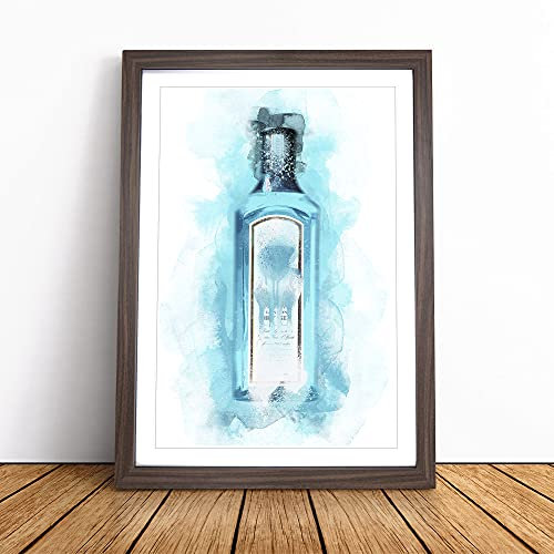Gin Bottle Blue Framed Wall Art Picture Print - Canvas Painting - Modern Home Décor Poster - Ready to Hang for Living Room Bedroom Kitchen - Walnut A1 (66 x 90 cm)