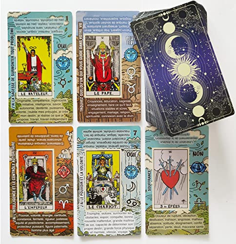 Tarot Debutant francai – Jeu Tarot Facile a Lire – Jeu cart Tarot avec significations imprimees, Oui ou Non, Astrologie, planetes et Chakras (Français)