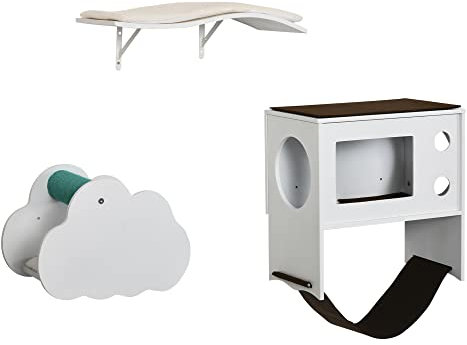 PawHut Estantes para Gatos de Pared de 3 Piezas Muebles de Pared para Gatos Centro de Actividades para Gatitos con Caseta Plataformas Hamaca Poste de Sisal y Cojines Suaves Blanco