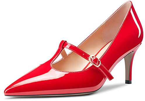 Aachcol Donna Spillo Medio Basso Tacco Heel Pumps T-Strap Slip-on a Punta Dress Scarpe Ufficio Feste da Matrimonio Verniciata Rosso 6.5 CM 44 EU