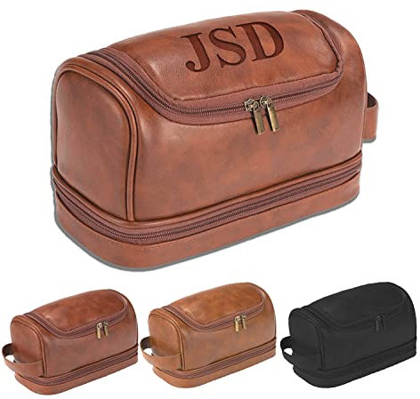 Trousse de toilette personnalisée, organisateur de voyage en cuir de grande capacité personnalisé gravé au laser nom monogramme cadeau en cuir pour hommes garçons d'honneur cadeaux kit Dopp en cuir