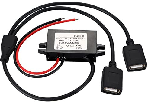 Greluma 1 Pieza Convertidor Impermeable DC 12V a 5V 3A, Puertos USB duales 15W DC-DC módulo Reductor Adaptador de Corriente Compatible con Raspberry Pi 4, teléfono Celular, automóvil