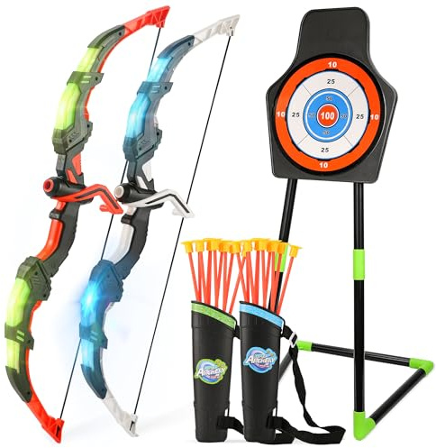 Bow and Arrow Set for Kids, 2-Pack LED Light Up Archery Set with 20 Suction Cup Arrows, Indoor and Outdoor Toy for Boys Girls Age 4-8 8-12 with Standing Target&2 Quivers, Birthday Gift 3-12 Years Old