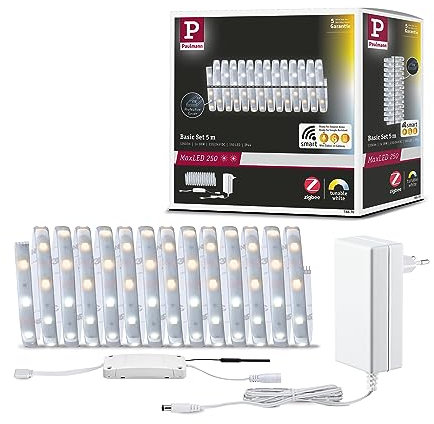 Paulmann 78870 LED Stripe MaxLED 250 Basisset Smart Home Zigbee Tunable White 5m IP44 18W 230/24V 1350lm Silber LED Lichtband spritzwassergeschützt