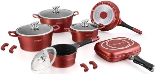 ROYALTY LINE, juego de 17 piezas, batería de cocina de aluminio fundido a presión, revestimiento de mármol, con mangos de silicona, 24-28 cm, Rojo