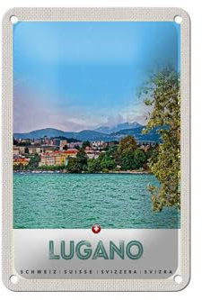 FEMER Blechschild Reise 12x18cm Lugano Schweiz See Ausblick auf Stadt Schild