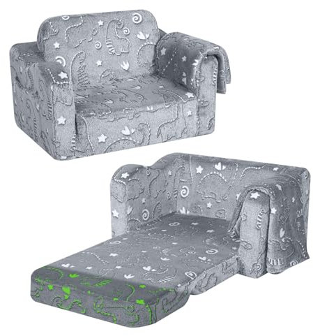MeMoreCool Kindersofa Ausklappbar, 2-in-1 Kleinkinder Schlafsofa, Kindersessel mit Schlaffunktion, Mini Couch für Kuschelecke Kinderzimmer, Fancy Spielsofa für Mädchen und Jungen, Grau Dinosaurier