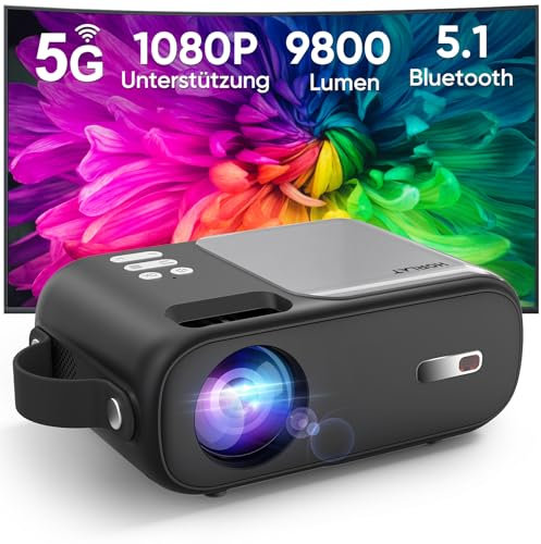 Mini Beamer, 5G WiFi Bluetooth Beamer Full HD 1080P Unterstützt, HORLAT Beamer klein 9800 Lumen Tragbarer Projektor mit ±15° Trapezkorrektur, Heimkino Projektor für Smartphone/TV Stick (dunkelgrau)
