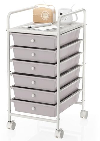 Johgee 6 Drawers Plastic Storage Cart, Multipurpose Mobile Organizer Shelving Unit with Lockable Wheels, Utility Rolling Cart Storage Trolley for Home Office Stationery Makeup Beauty & Salon, Gray